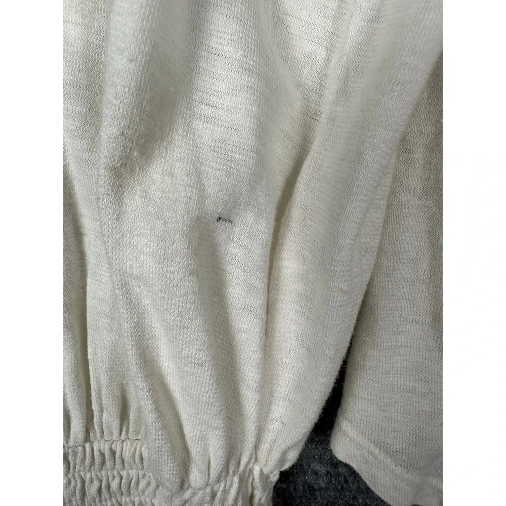 Free People Women Smocked Cuff V Neck Top Medium Boho Slub Knit Ivory White - Picture 8 of 12